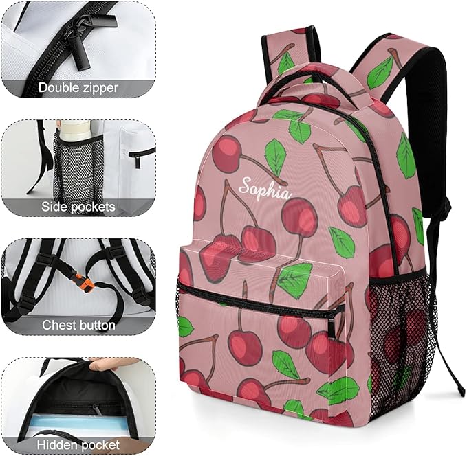 Ripe Red Cherry Custom Kids Backpack 16.5 Inch for Boy Girl, Personalized Waterproof Child School Travel Bag with Name