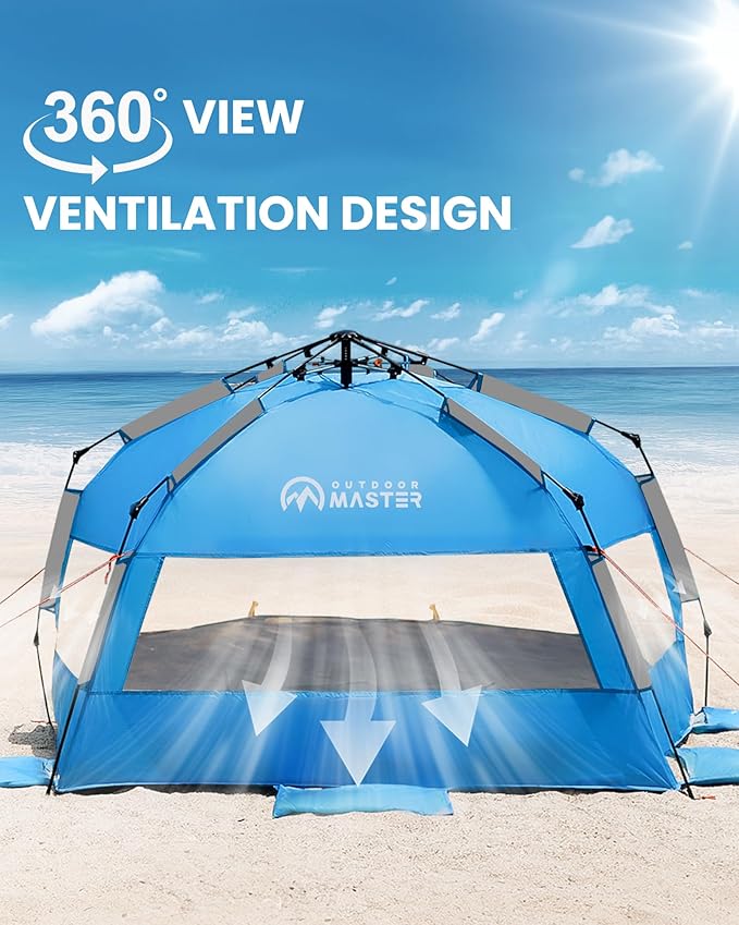 OutdoorMaster Beach Tent with Blackout Shelter Technology, Portable Beach Shade Sun Shelter Canopy for 4-6 Person with UPF 50+ UV Protection, Easy Setup Pop Up Tent Family Size