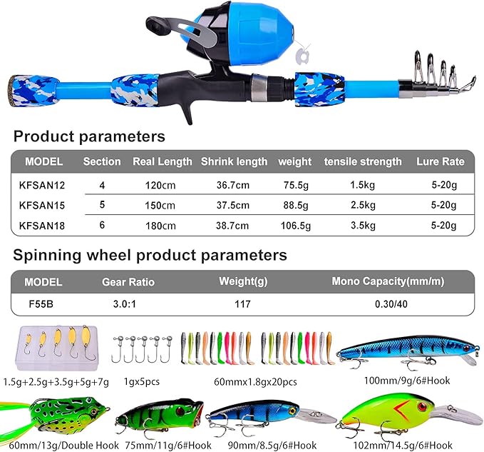 PROBEROS Kids Fishing Pole - Portable Telescopic Fishing Rod and Reel Combo Kit - Spincast Fishing Reel Casting Rods with Lures Lines Tackle Box and Bag for Boys Girls Youth Fishing
