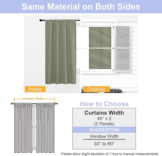 Simplebrand Ava Sage Green Short Blackout Curtains for Bedroom 45 Inches Long 2 Panels Set, Solid Thermal Insulated, Energy Saving Window Treatment Curtains Blackout Drapes, W40 x L45 Inch, Sage Green
