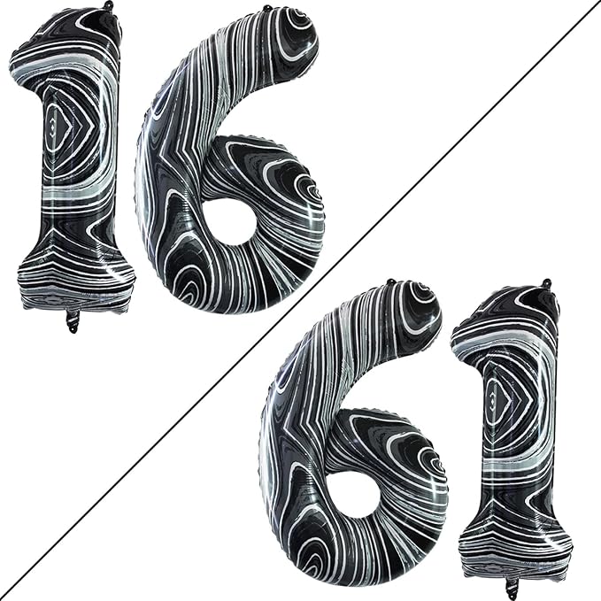 GOER Number 16 Balloons for 16th Birthday Sweet 16 Party Decorations,42 Inch Jumbo Foil Helium 61 Balloons for 61st Birthday Party Decoration (Marble Black)