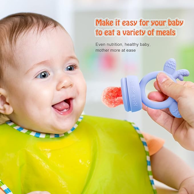 Baby Solids/Frozen Fruit Feeder Pacifier, Infant Teether Toy 4M+, BPA-Free Silicone Pouch & Nipple, Safely Introduce Solids, Teething Relief, 2-Pack (Deer - Green Purple, S/M/L)