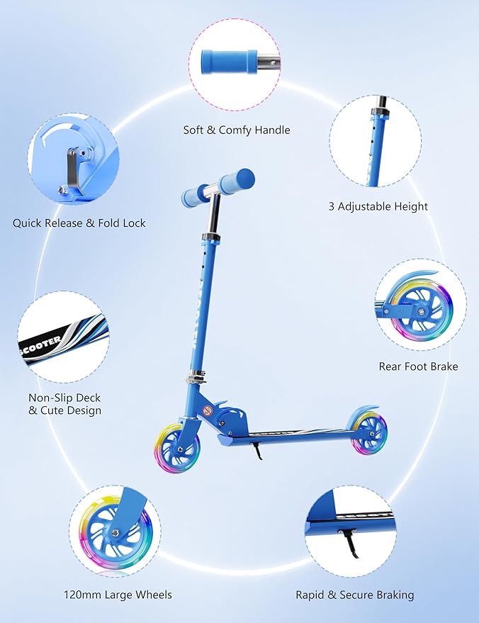 Scooter for Kids Ages 3+, 2 Wheels Kids Kick Scooter with Led Light Up & 3 Levels Adjustable, Lightweight Foldable for Boys&Girls