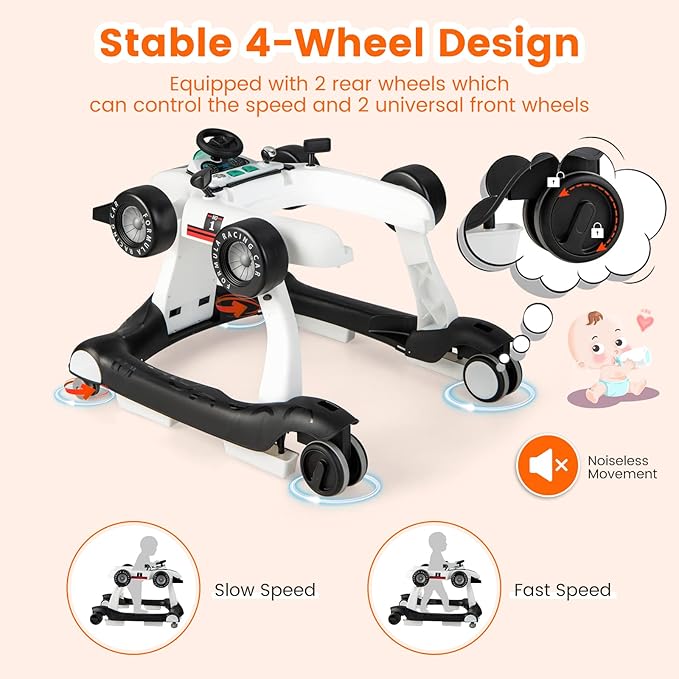 HONEY JOY 4-in-1 Baby Walker, Activity Push Walker w/3 Adjustable Heights, Smooth Wheels w/Adjustable Speed, Padded Seat, Music & Light, Foldable Car Walker for Baby Boys Girls Age 6 Months+ (White)