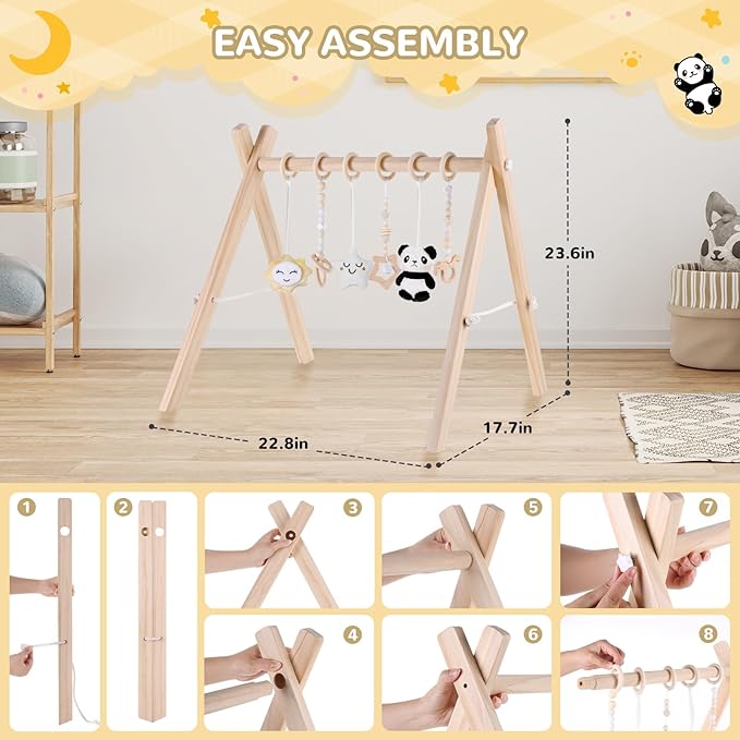 Wooden Baby Play Gym with Mat, Foldable Baby Activity Gyms with 6 Sensory Hanging Panda Toys, Tummy Time Baby Infant Toys (Butterfly)