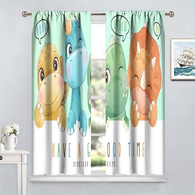 Kids Dinosaur Curtains for Boys Girls Bedroom Decor Cartoon Dino Colorful Cute Funny Animal Printed Blackout Rod Pocket Window Drapes for Baby Nursery Playroom Living Room W21xL63in 2 Panels
