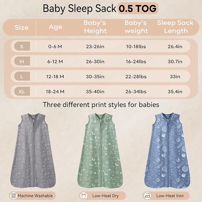 Baby Sleep Sack 18-24 Months 3 Pack 100% Cotton Lightweight 0.5 TOG Wearable Blanket Baby Sleep Bag with 2-Way Zipper for Infant Toddler
