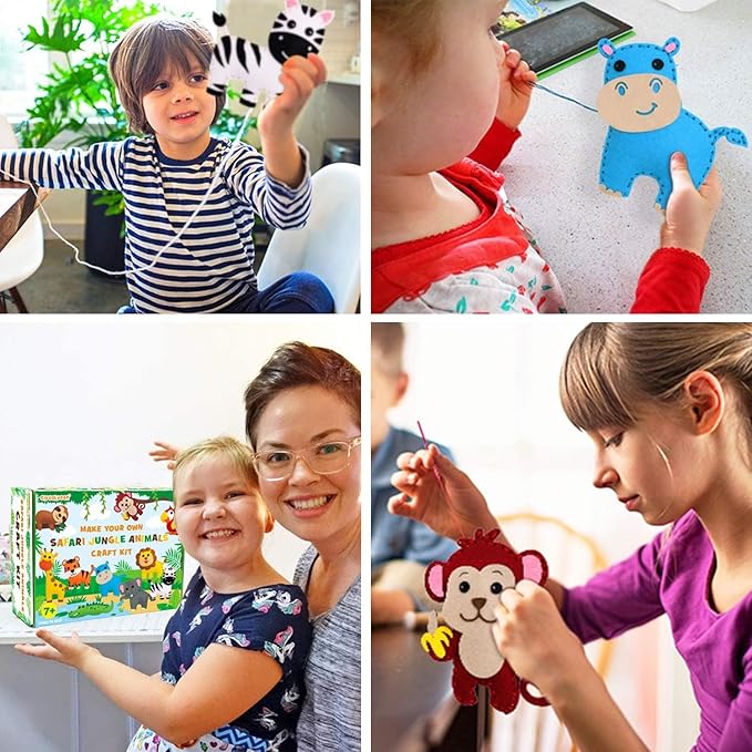Safari Jungle Animals Sewing Kit Zoo Felt Animal DIY Crafts for Girls and Boys Educational Nursery Sewing for Kids Art Craft Kits for Beginners Set of 10