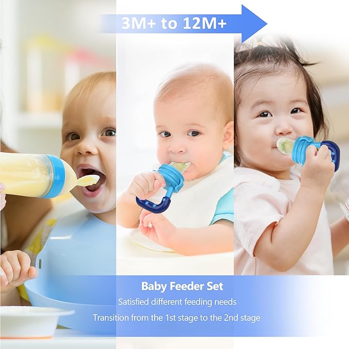 WAJIAYON Baby Fruit Feeder Pacifier - 6 Pack | 2 Infant Food Pacifier & 2 Baby Food Dispensing Spoon | Fresh Fruit Teethers for Babies | Silicone Feeder Babies,Infant Teething Feeders (Blue)