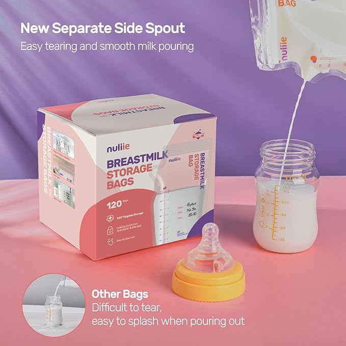 Nuliie 120 Pcs Breastmilk Storage Bags, 8 OZ Breast Milk Storing Bags, BPA-Free, Milk Storage Bags with Pour Spout for Breastfeeding, Self-Standing Bag, Space Saving Flat Profile