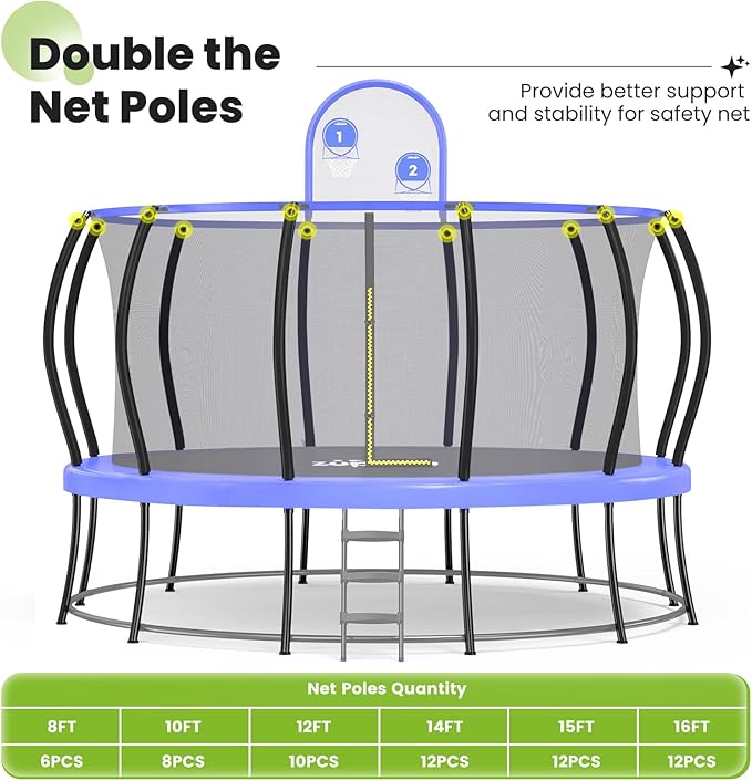 Zupapa 1800LBS Weight Capacity Double Frames Trampoline with No-Gap Design Curved Poles 16 15 14 12 10FT Trampolines with Enclosure Net for Kids Adults, Outdoor Family Fun