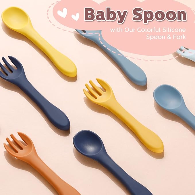 10 Pieces Baby Led Weaning Spoons and Forks Set Infant Silicone Spoon First Self Feed Baby training Utensils for Toddler First Stage Feeding Supplies for Kids Over 6 Months, 5 Pairs (Bright Colors)