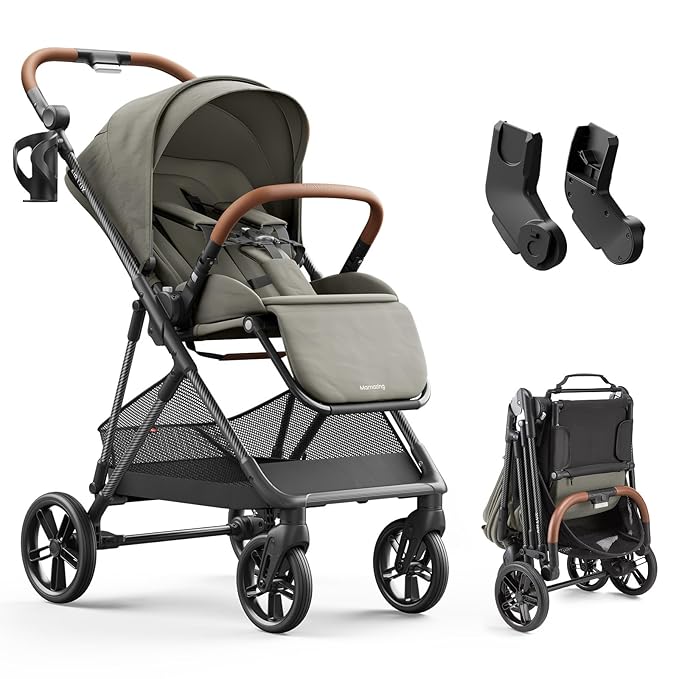 Air Lux Baby Stroller with Carbon Fiber Frame, One-Hand Fold & Reversible Seat, Magnetic 5-Pt Harness, Car Seat Adapter, 15.8lbs, Vetiver