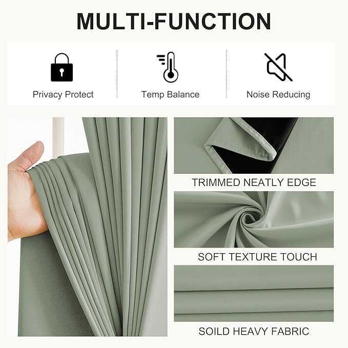NICETOWN Sage Green Bedroom Curtains 63 Inches Length, 100% Blackout Drapes Thermal Insulated with Grommet for Living Room Office Privacy Darkening Curtain, 2 Panels, 42 x 63 Inch