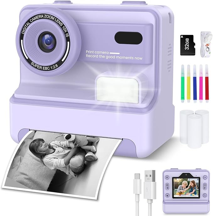 Instant Camera, Instant Print Camera for Kids with 1080P Videos, Front Rear Dual Selfie, 3 Rolls Print Paper & 32GB SD Cards, Christmas Birthday Gifts for Girls Age 3-12