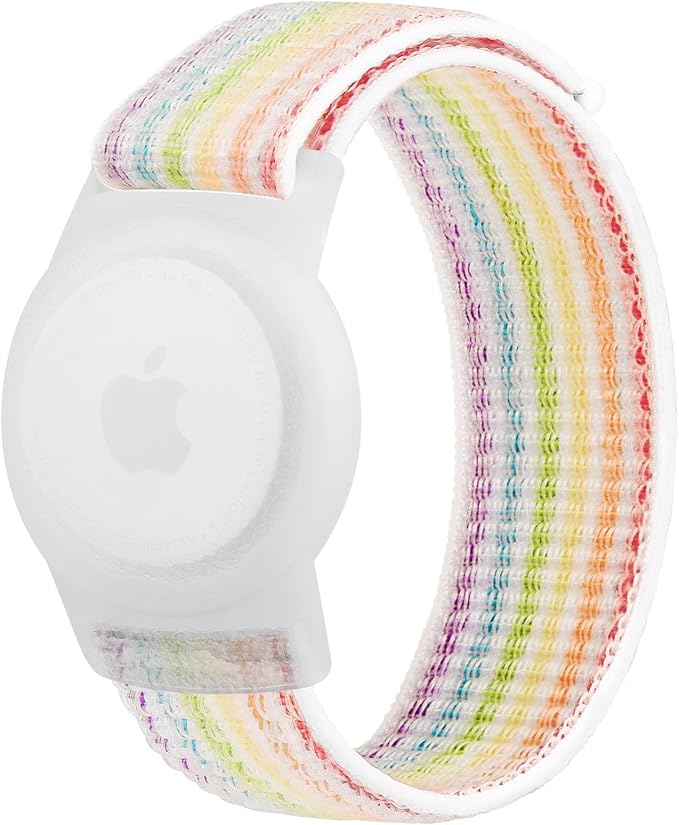 Kids Wristband Protective Case Compatible with Apple AirTag, Adjustable Nylon Bracelet for Air Tag GPS Tracker Holder with Anti Lost Watchband for Toddler Child Kids (Pink+White Rainbow)