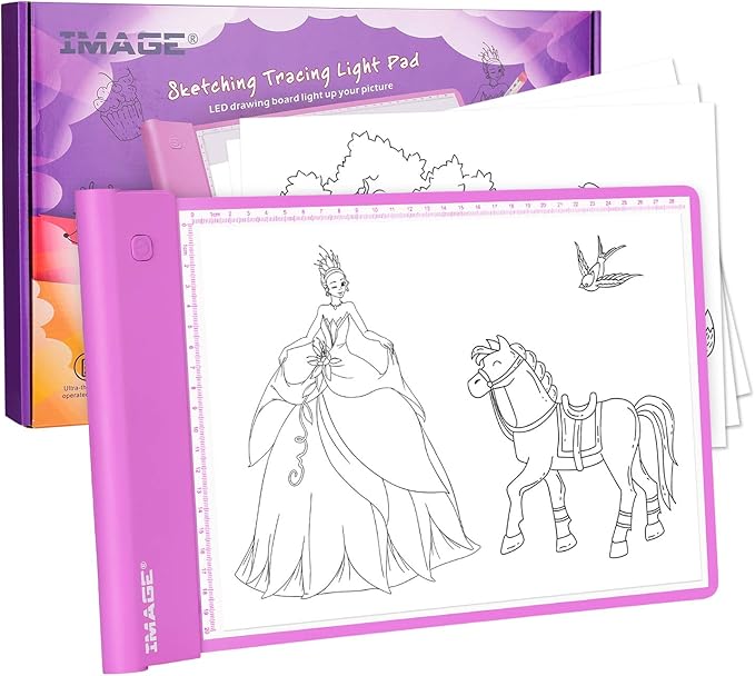 IMAGE Light Up Tracing Pad Pink Drawing Tablet Coloring Board for Kids Children to for Girls Boy (Includes 10 Traceable Sheets and Two Clips)