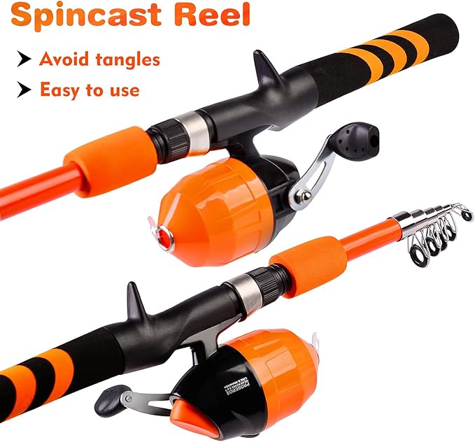 PROBEROS Kids Fishing Pole - Portable Telescopic Fishing Rod and Reel Combo Kit - Spincast Fishing Reel Casting Rods with Lures Lines Tackle Box and Bag for Boys Girls Youth Fishing