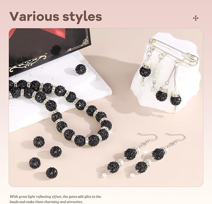 200pcs 10mm Rhinestone Beads for Jewelry Making, Black Shiny Round Disco Ball Beads Bulk, Sparkle Crystal Clay Christmas for Bracelet Baseball Necklace Earring Crafting and DIY