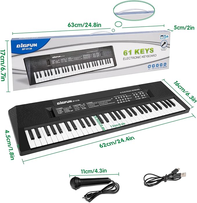 M SANMERSEN Kids Music Keyboard, 61-Key Portable Electronic Piano Toy with Microphone, Teaching Tool for Beginners, Ages 3-12, Black