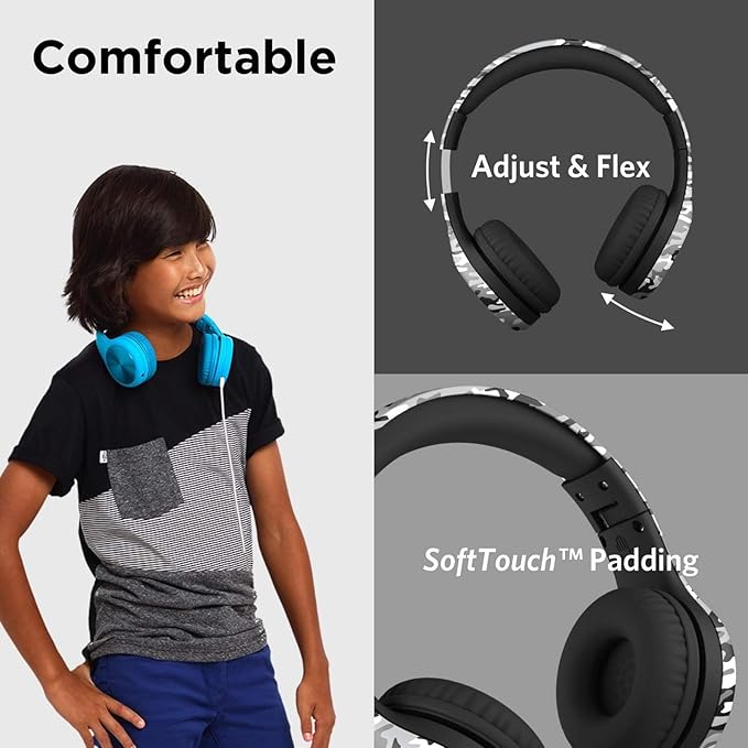 LilGadgets Connect+ Pro Wired Kids Headphones for School w/Microphone, Volume Limiting & Noise Reduction Over-Ear Headset w/Cord, SharePort Technology & SoftTouch Padding, Black Headphones for Kids