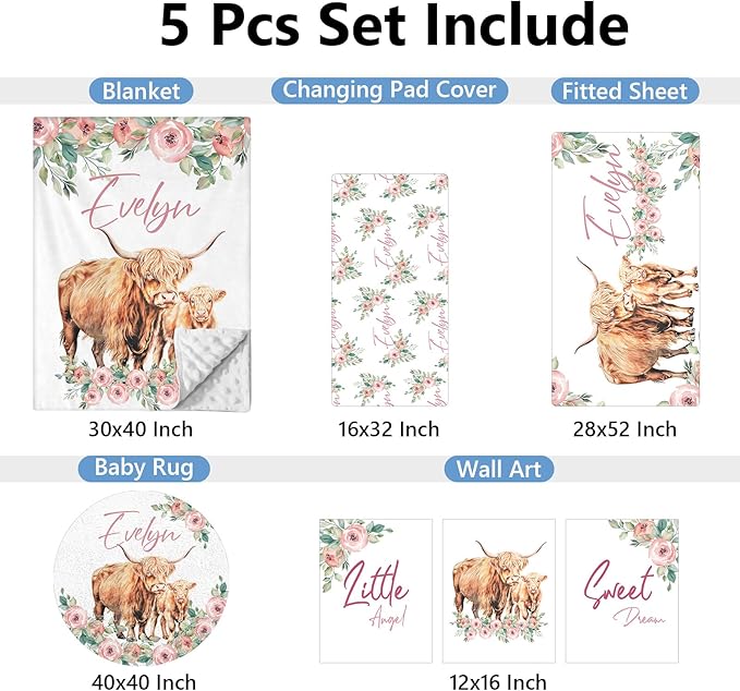 Personalized Nursery Bedding - 5 Pcs Custom Baby Crib Set with Name, Double Layer Crib Bedding for Girls, Cows and Flowers Theme
