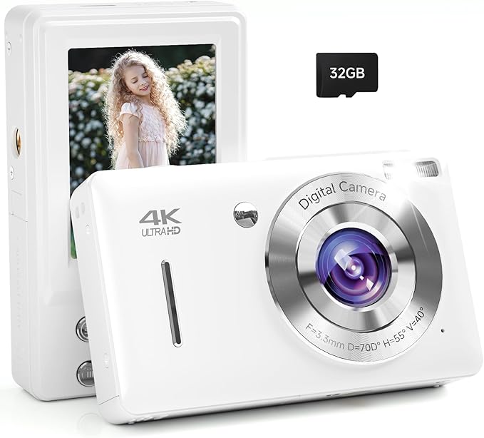 Digital Camera, 44MP FHD 1080P Camera for Kid with 16X Zoom Anti Shake, Compact Small Camera with 32GB SD Card, Digital Camera for Teens for Teens Girls Kids Adults(White)