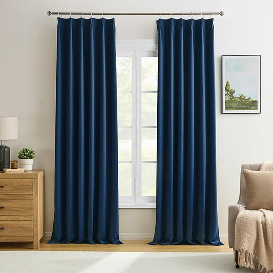 KEQIAOSUOCAI 92 Inch Long Curtains Navy Blue Pinch Pleated Draperies for Track System, Fancy Luxury Bedroom Drapes Thermal Insulating Window Blackout Nautical Curtain for Living Room 2 PCs