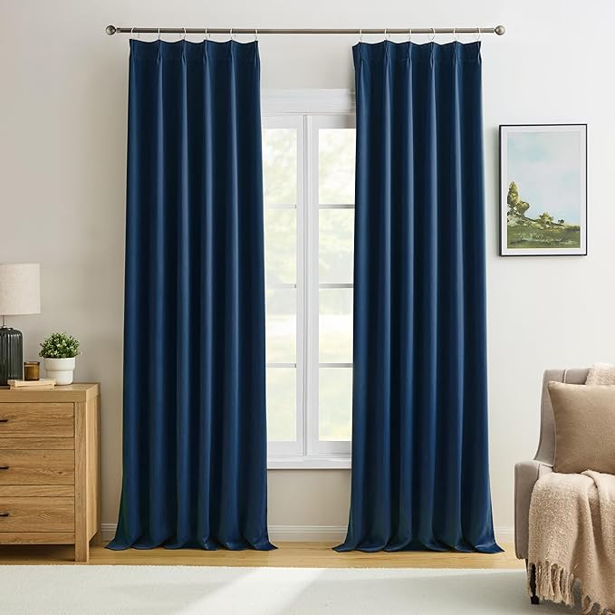 KEQIAOSUOCAI Navy Blue Curtains 102 Inches Long 2 Panels Set, Pinch Pleated Thermal Insulated Blackout Room Darkening Curtain for Living Room,Window Draperies with Hooks(Navy Dark Blue,40x102-inch)