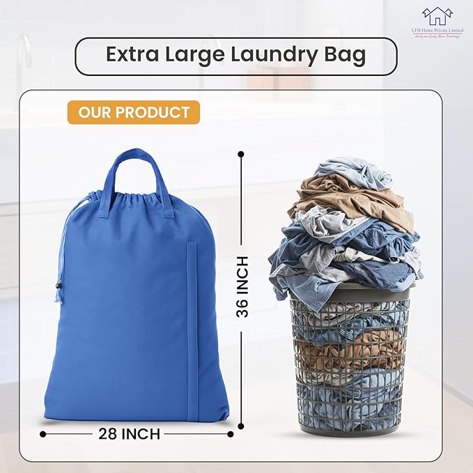LFH Home Cotton Canvas Large Laundry Bag with Handle, Heavy Duty Drawstring Closure Washable Laundry Bags, School Travel, Home, Hotel, College Dorm, Organizer Sack, Toys Clothes 28x36-Sky Blue