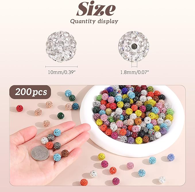 200pcs 10mm Rhinestone Beads for Jewelry Making, Pink White Shiny Round Disco Ball Beads Bulk, Sparkle Crystal Clay Christmas for Bracelet Baseball Necklace Earring Crafting and DIY