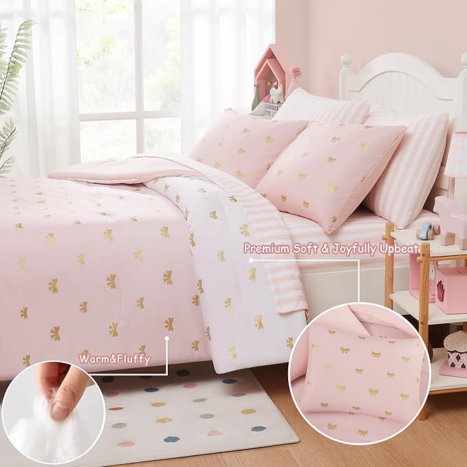 Twin Comforter Set with Sheets for Girls-5 Pieces Twin Bedding Sets with Pink Comforter, Sheets, Pillowcase & Sham for Kids (Pink Gold Bow, 66" X 86")