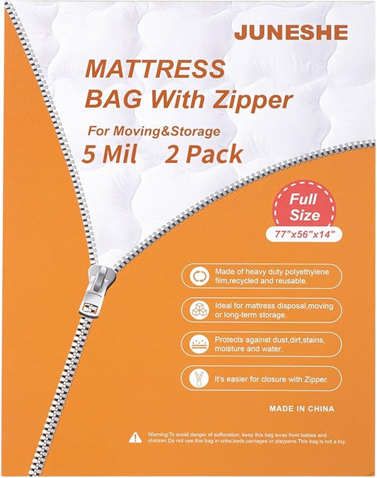 2 Pack Full Mattress Bags for Moving and Storage-5 Mil Zipper Plastic Waterproof Mattress Storage Bags