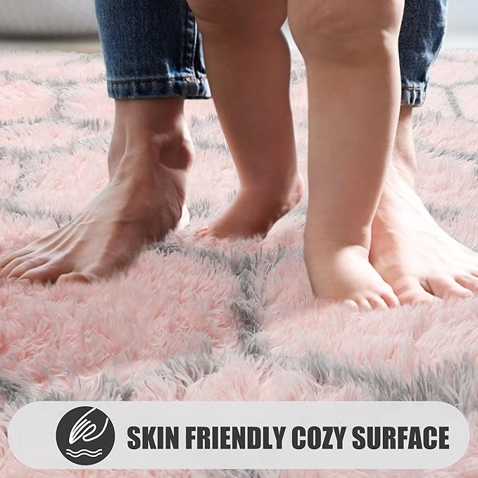 ONASAR Rugs for Living Room Bedroom, 5x8 Washable Fluffy Pink and Grey Area Rug, Geometric Boho Soft Plush Shaggy Fuzzy Floor Carpet for Nursery Kids Girls Boys Teen Dorm Home Decor Aesthetic