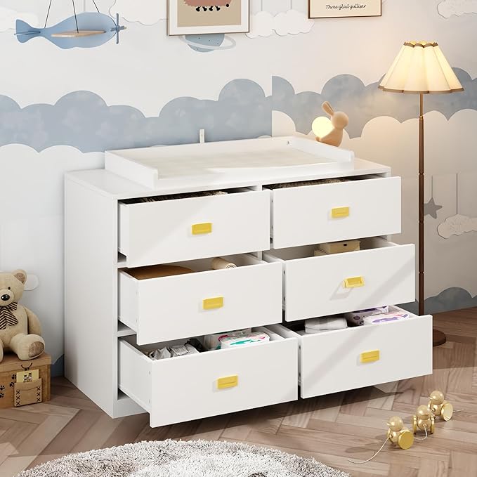 6 Drawer Baby Dresser, Nursery Dresser with Changing Topper, Long Cabinet for Infant Cloth Organize, Changing Station for Nursery and Kids Bedroom Storage, White (45.3" W x 18.9" D x 30.1" H)