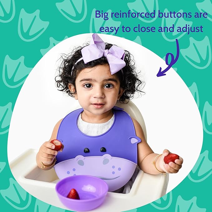 Silly Goose Set of 2 Silicone Animal Baby Bibs for Babies and Toddlers, Waterproof, Adjustable, Soft, Extra Wide Food Catcher Pocket (2PK Hippo+Bear)