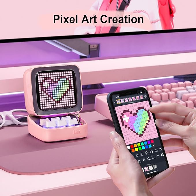 Divoom Ditoo Retro Pixel Art Game Bluetooth Speaker with 16X16 LED App Controlled Front Screen (Pink)