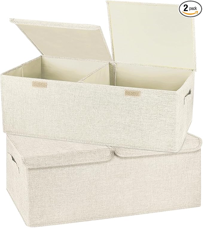 2 Pack Large Storage Boxes with Lids and Handles, Collapsible Linen Storage Bins Organizer Containers Baskets Cube with Removable Divider for Home Bedroom Closet Office (Cream, Small)