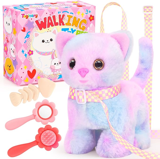 Tagitary Plush Toys Cat for Kids,Interactive Electronic Cat Toys That Can Move,Meow and Wag Tail,Stuffed Toys for Kids with Leash,Easter Christmas Birthday Gift for Toddlers Kids