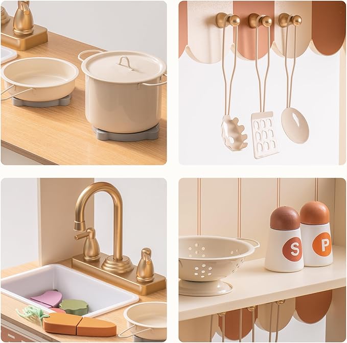 ROBOTIME Play Kitchen for Kids Toddlers, Wooden Pretend Play Kitchen Set Toy with Cutting Food Set, Toys Kitchen Gift for 3+ Year Old Kids, Girls & Boys