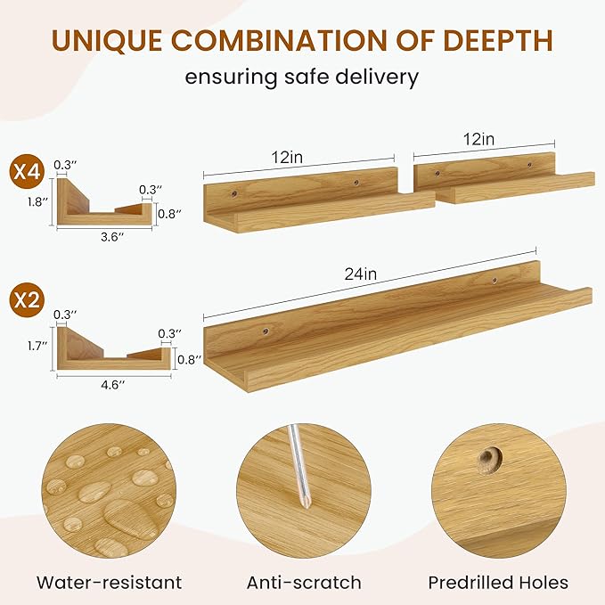 Axeman Picture Ledge Shelf, Floating Shelves for Wall Decor Storage Set of 6, 24 inch Floating Wall Mounted Shelves, Wall Shelves with Lip for Living Room, Bedroom, Nursery, Bathroom, Kitchen, Oak