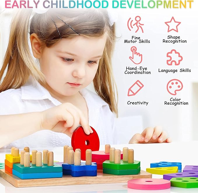 Wooden Sorting & Stacking Toys, Montessori Toys for 1 2 3 Years Old Toddlers, Shape Sorter Puzzles with 24-Piece Large Geometric Blocks & 12 Word Cards, Gift for 12+ Months Baby Boys Girls