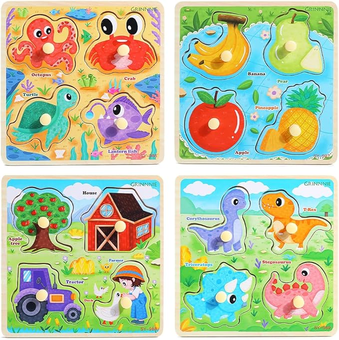 GRINNNIE Wooden Toddler Puzzles, 1 2 3 Years Old Learning Montessori Peg Puzzle Toy Set for Toddlers, 4 Pcs Educational Portable Size Travel Knob Puzzle Toys, Gift for 1-3 Boy Girl Birthday Christmas