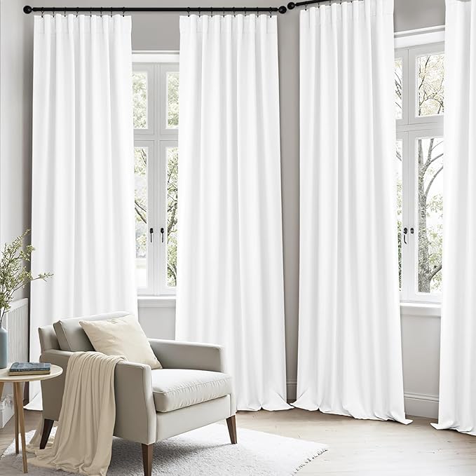 ANRODUO Back Tab Blackout Curtains for Bedroom Living Room, Rod Pocket Pinch Pleated Thermal Insulated Room Darkening Curtains 72 Inches Long 2 Panels, White, 42 x 72 Inch