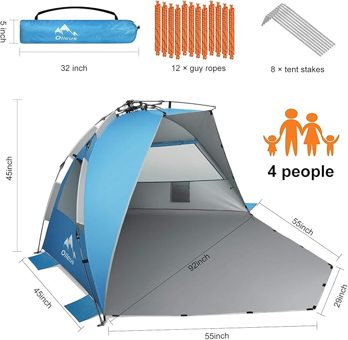Oileus X-Large 4 Person Beach Tent Sun Shelter - Portable Sun Shade Instant Tent for Beach with Carrying Bag, Stakes, 6 Sand Pockets, Anti UV for Fishing Hiking Camping, Waterproof Windproof, Blue