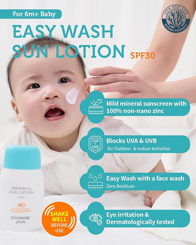 Baby Easy Wash Sun Lotion SPF 30 - Korean Moisturizing Zinc Oxide Mineral Sunscreen for Babies and Kids - Washes Off Easily - Vegan, Reef-Safe, Allergen-Free, 2.11 fl.oz.