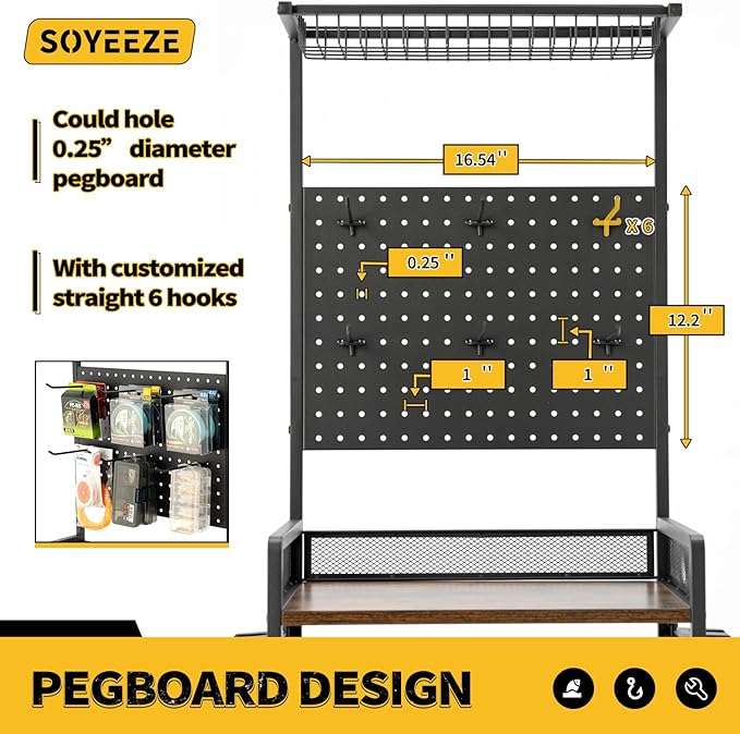 SOYEEZE Fishing Rod Holders for Garage,Fishing Gear Holder for Fishing Rod Tackle Box Storage，Fishing Pole Holders for 12 Rods with Hooks and Pegboard,Fishing Cart with Reel Rack