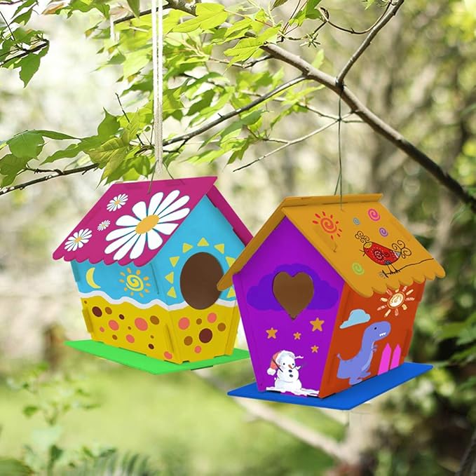 hapray 2 Pack Bird House Kit, DIY Birdhouse Kits, Wooden Crafts Arts for Children to Build and Paint (Includes Paints & Brushes) for Kids Girls Boys Toddlers Gifts Christmas