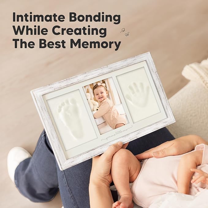 Baby Hand and Footprint Kit - Clay Handprint Keepsake Frame, Newborn Nursery Picture Frame, Personalized New Mom Gifts for Baby Shower & Registry (Vintage White)