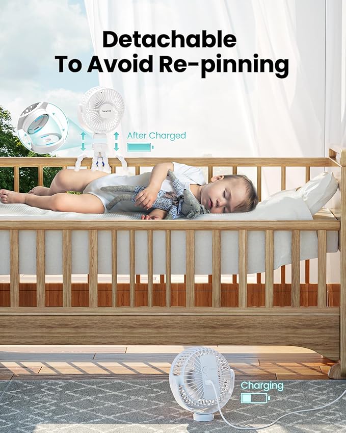 Gaiatop Mini Portable Stroller Fan, Battery Operated Small Clip on, Detachable 3 Speed Rechargeable, 360° Rotate Flexible Tripod Better Cooling for Car Seat Crib Treadmill Travel White